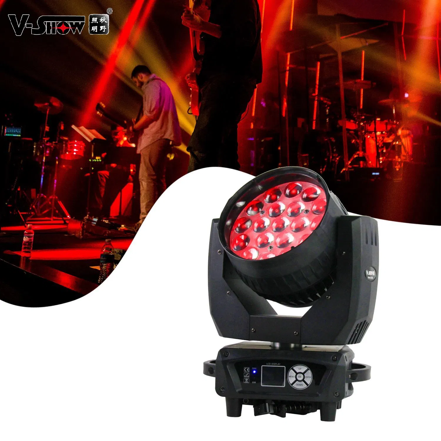 V-Show Best Aura 19*15 Watt Moving Head Wash Light RGBW 4in1 LED Beam Wash Moving Head Light with Backlight Zoom Function Stage Light for DJ Disco Bar