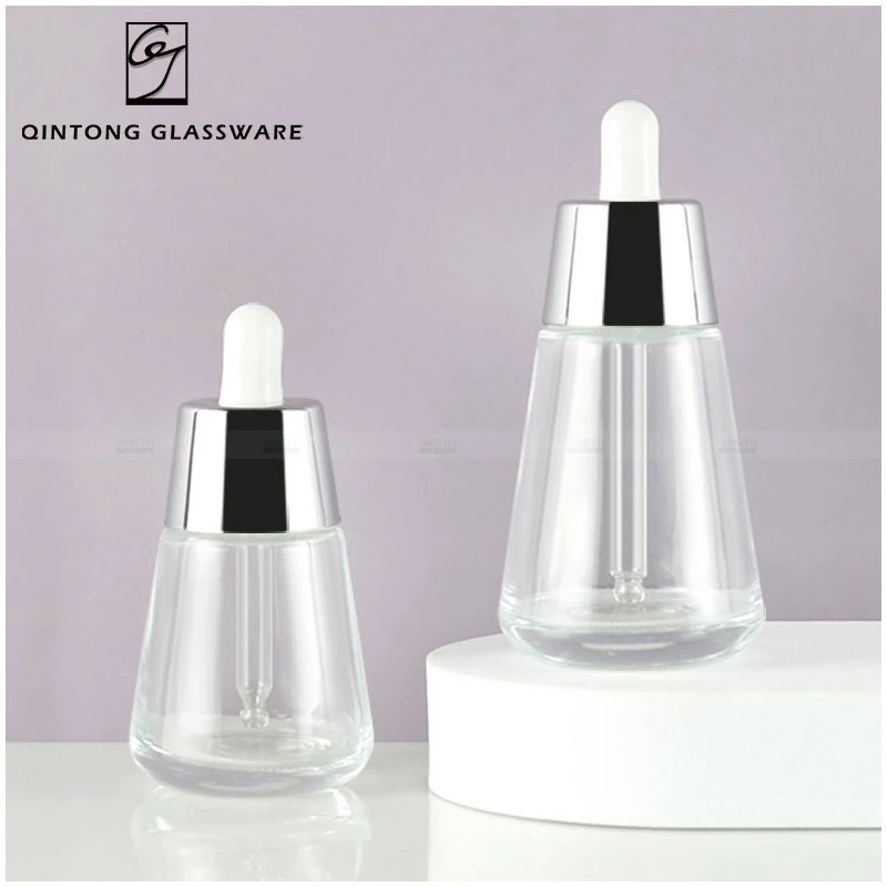 Customized New Design 50ml Transparent Fragrance Cosmetics Packaging Perfume Glass Essential Oil Bottle with Aluminum Dropper