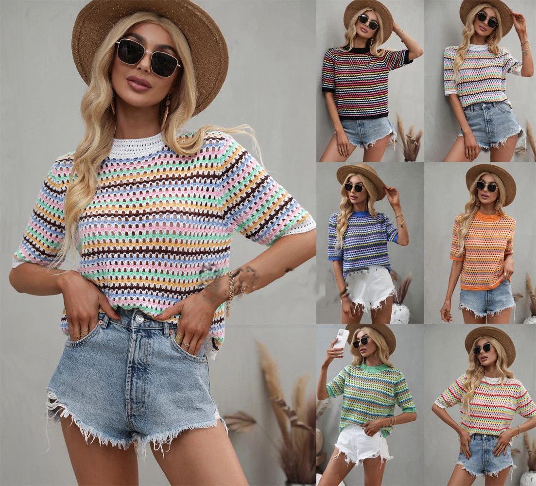 Spring Summer Women Short Sleeve Solid Color Knit Pullover Sweater