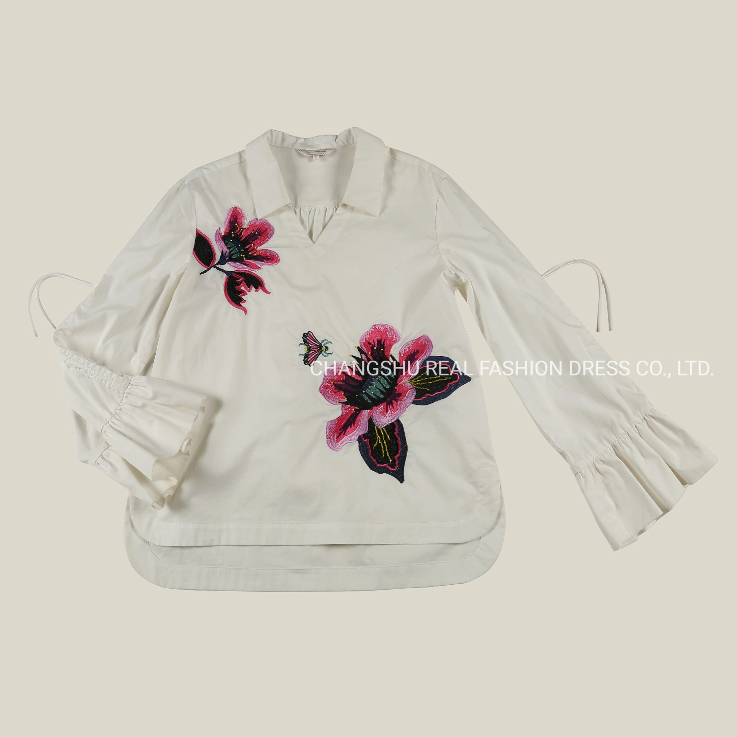 Children Clothes Girl Kids Woven Ivory Shirt Wear with Colorful Flower Embroidery