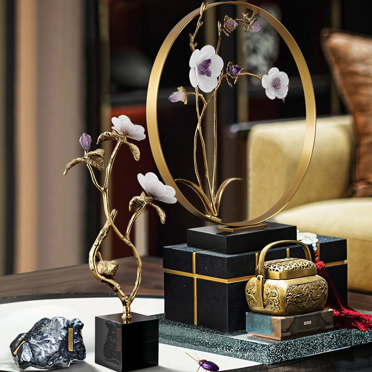 Chinesische Möbel Schlafzimmer Accessoires Zimmer Natursteine Weiß Lila Blume Messing Dekor für Zuhause
