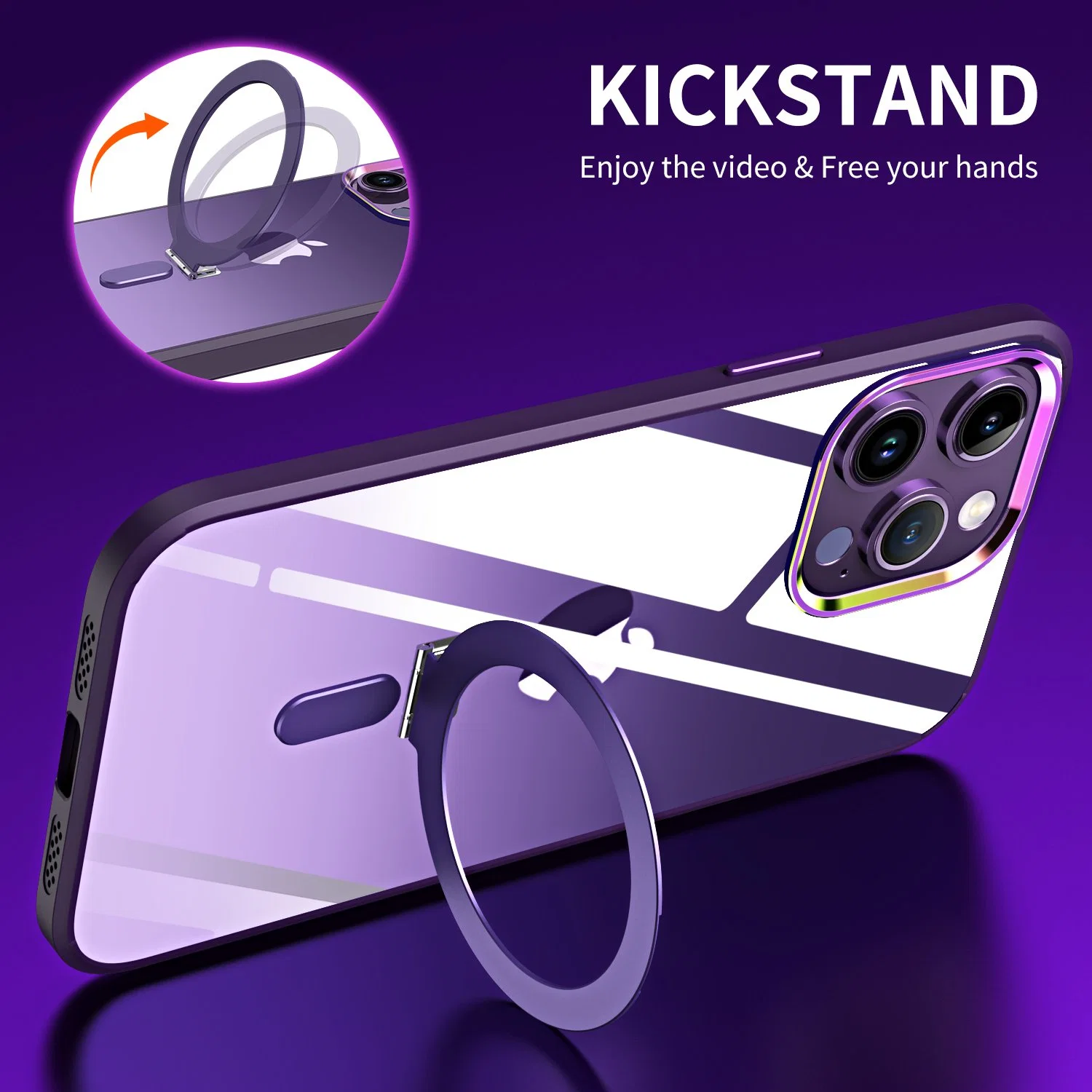 Wireless Charger Magnetic-Absorbing Kickstand Clear Phone Case Metal Lens Protective Back Cover for iPhone 14 PRO