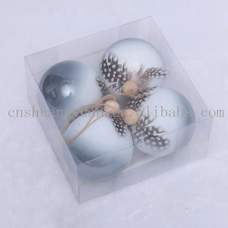 New Design Christmas Shiny Grey Ball with Feather for Holiday Wedding Party Decoration Supplies Hook Ornament Craft Gifts