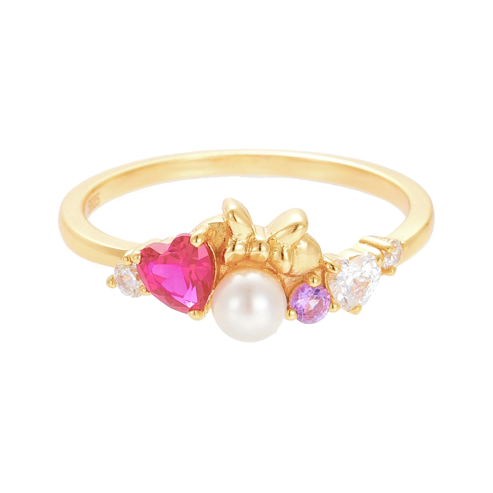 Joacii 925 Sterling Silver 14K Gold Plated Gemstones Pearl Natural Freshwater Pearls Cute Cartoon Heart Red Corundum Ring