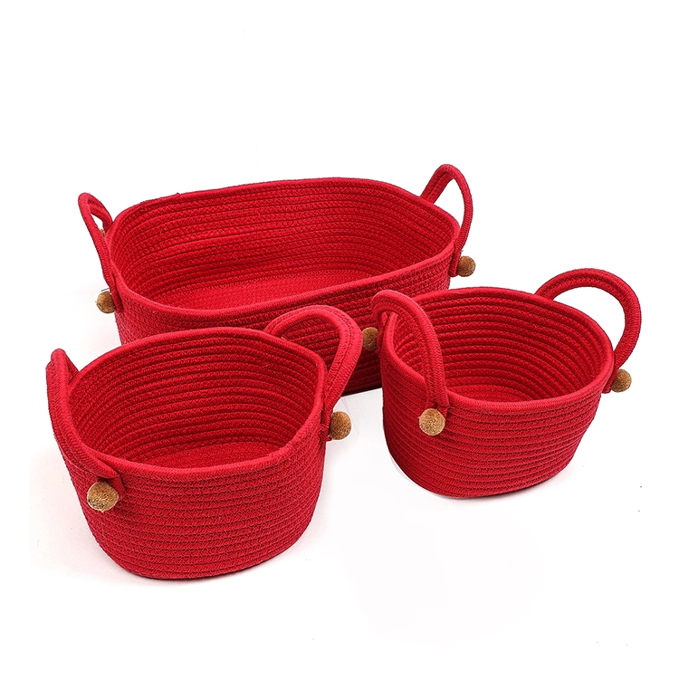 Round Woven Organizer Pompoms Red Storage Basket for Christmas Gift