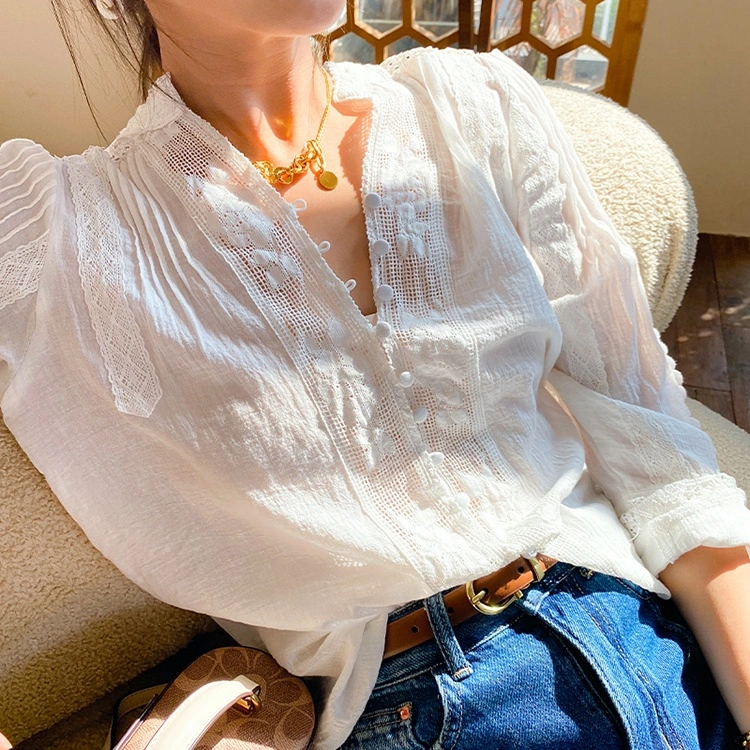 High quality/High cost performance  New Arrival OEM Summer Beach Wear Women Long Sleeve Shirt Fashion Lace Applique Hollow out Vintage Lady Blouse