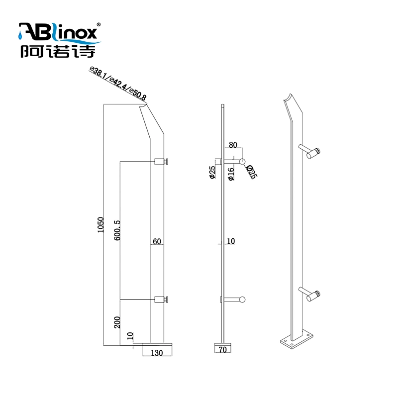 Manufacturer Modern Design Pipe Fitting Stainless Steel Staircase Handrail Stain Glass Railing