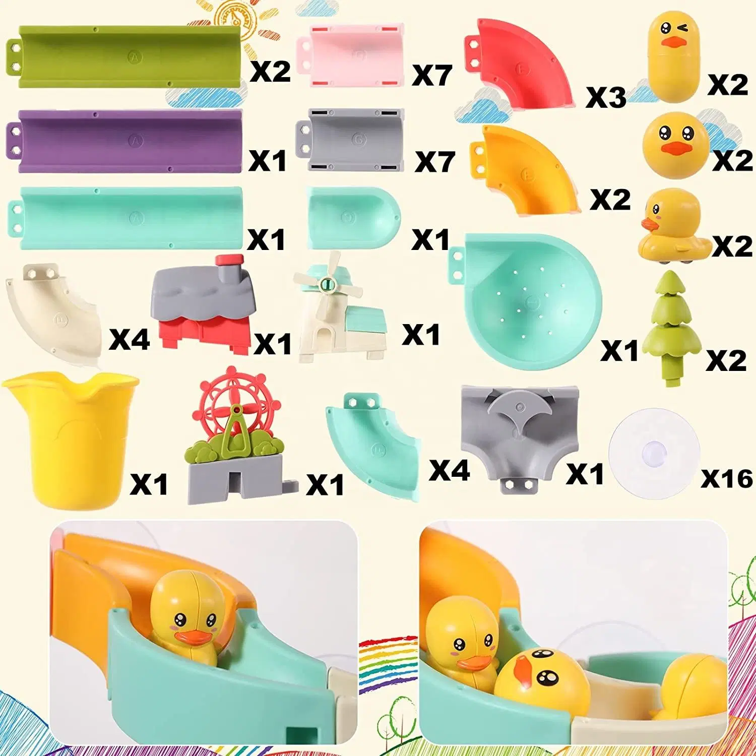 56 PCS Bath Toys for Toddlers Building Wall Bathtub Toy Water Slide for Kids DIY Take Apart Set Shower Gifts with Wind up Duck and Animals Squirter Toys