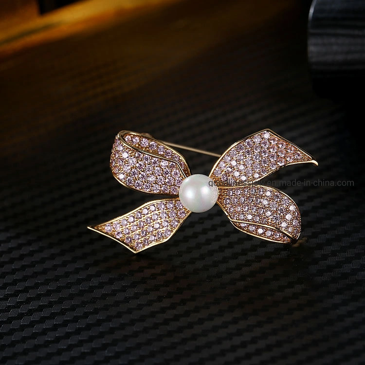 Bisutería 925 Joyería de Plata o latón Bowknot Brooch Pearl Brooch Cubic Zircon broches para la Mujer