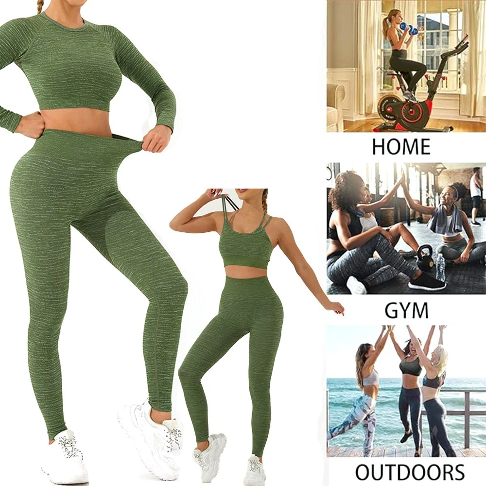 Exqusita Camo Patterned Gym Yoga Wear 2/3 PCS ropa de entrenamiento cómoda para mujer, Cute Seamless Top de manga larga + Sujetador deportivo + Leggings jogging Suits