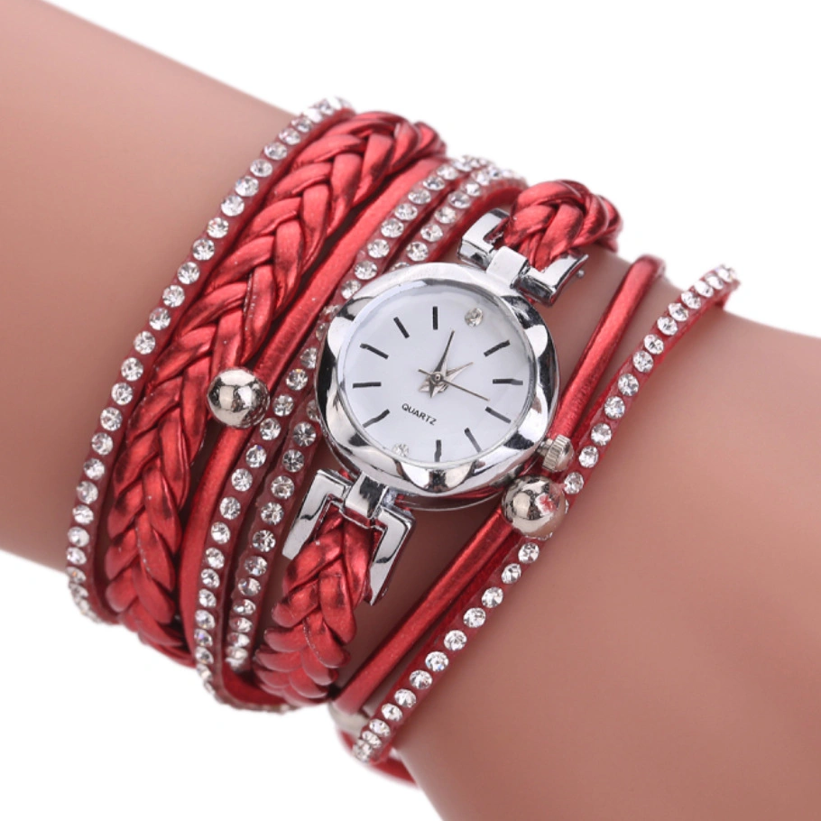 Pulsera de pulsera de varias correas Reloj analógico de cuarzo muñeca Relojes Diamond Lined trenzado de cuero Correa Moda Relojes Esg13633