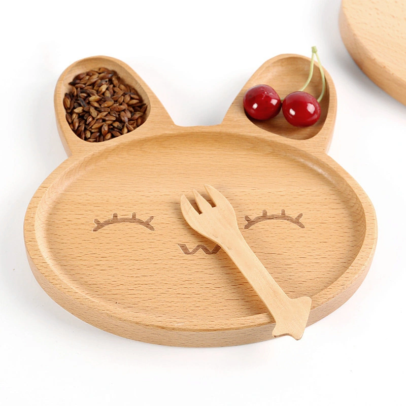 Eco-Friendly Natural Beech Wooden Plate Cartoon Wooden Serving Tray for Children