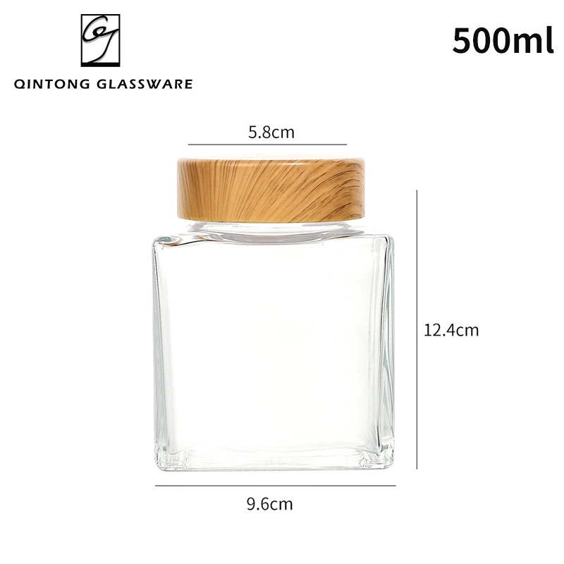 Hot Sell 380ml 500ml 13oz 17oz Unique Square Glass Honey Jar Glass Packaging Honey Bottle with Wooden Lid