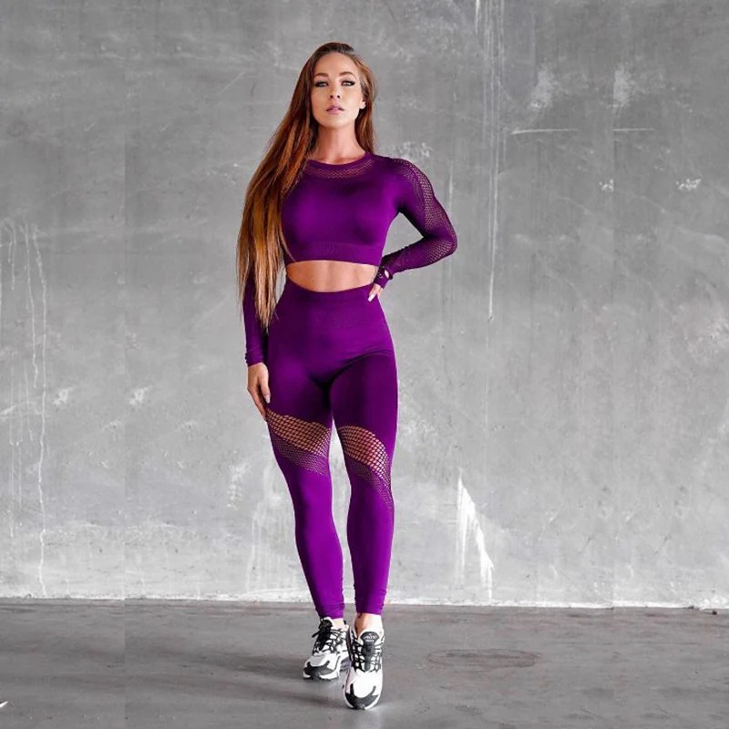 As mulheres 2PCS Conjunto Ioga Contínua Sport Suit Ginásio roupas de ginástica desgaste do ginásio de Manga Longa de cintura elevada Superior de Cultura Perneiras Desgaste de Desportos Fitness