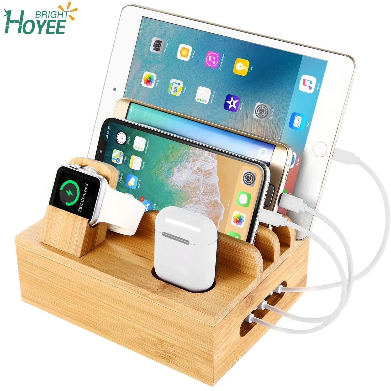 Bamboo Charging Station Dock Charger Desktop Docking Station Organizer for Cellphone Smart Watch Tablet