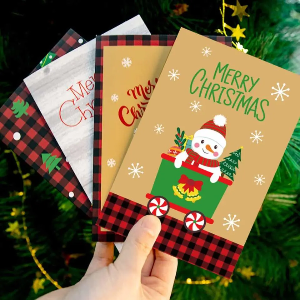 Kraft Paper Greeting Cards Handmade Card with Envelope and Cartoon Stickers for Merry Christmas