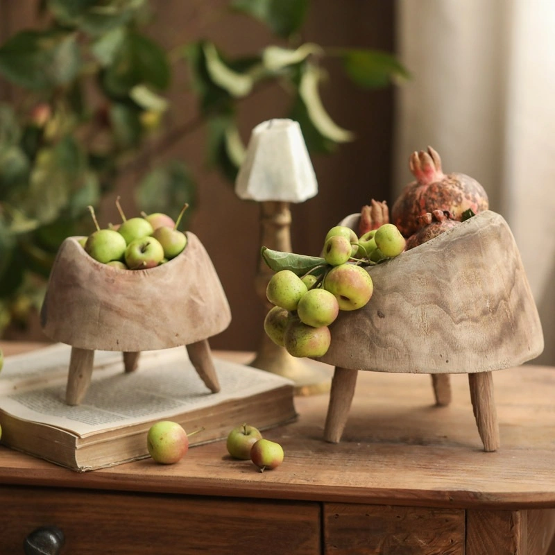 Wooden Round High Foot Small Tray Retro Wood Pot Fruit Basin Ornaments