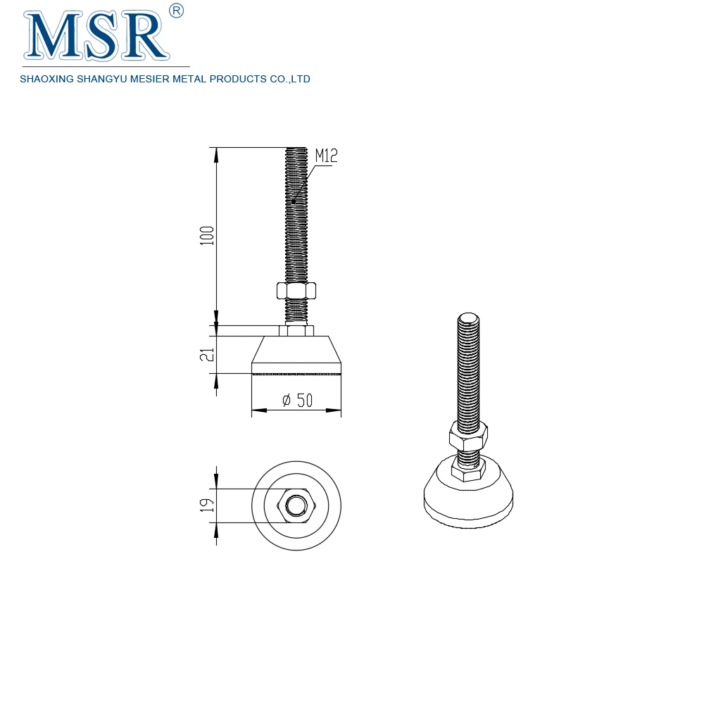 Venta caliente M12X100-50C gran base de nylon se desliza pies niveladores de extrusión de aluminio Perfil de piezas para muebles armario mesa de billar