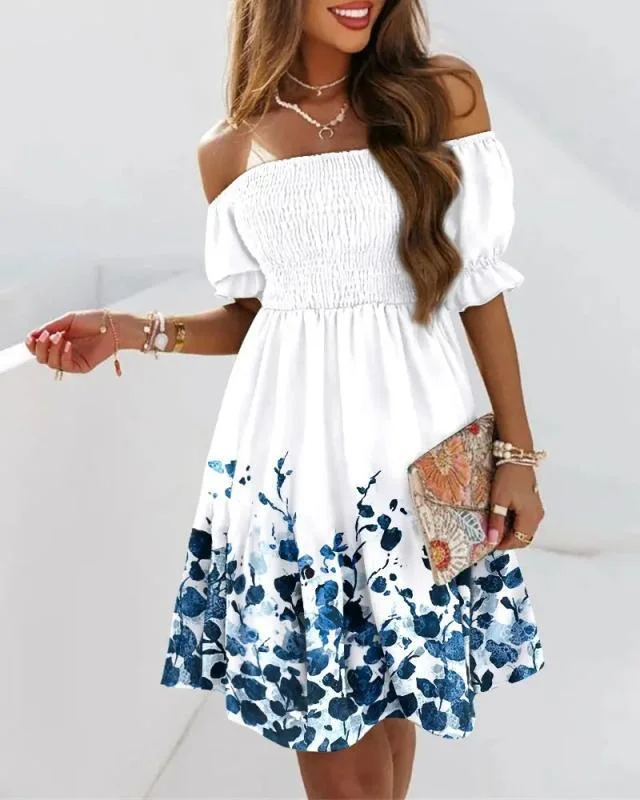 Short Sleeved One-Line Collar Tucked Waist Pleated Print Dress