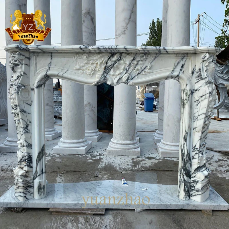 Home Decoration French Style Hand Carving Natural Solid Marble Fireplace Mantel