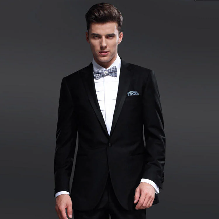 New Style Wedding Dress Suit for Men 70% Wool Peak Lapel One Buttons Black Tuxedos