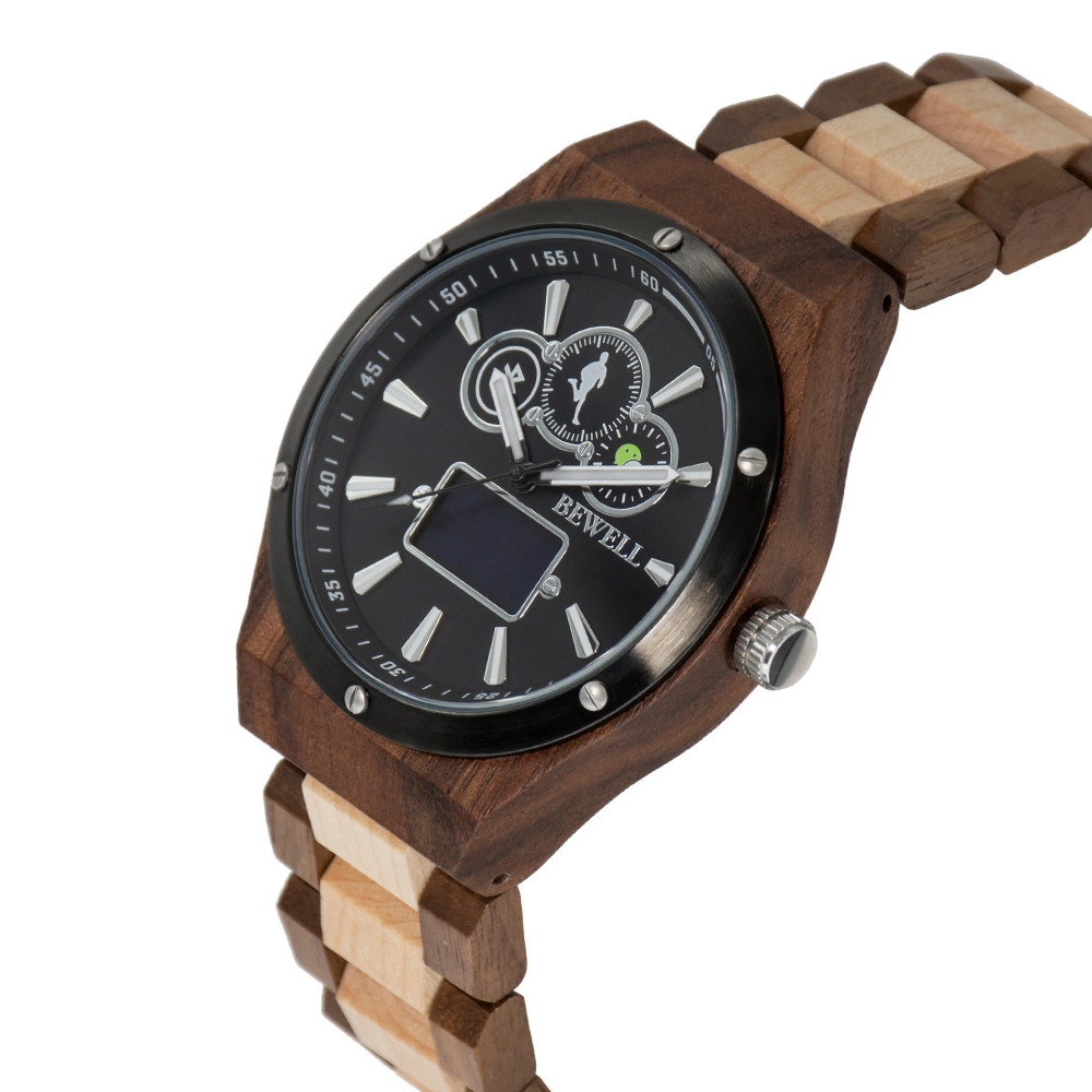 Bewell Handcrafted Wooden Smart Wrist Watch with Ss Bezel and Backcase for Mens 3ATM Waterproof