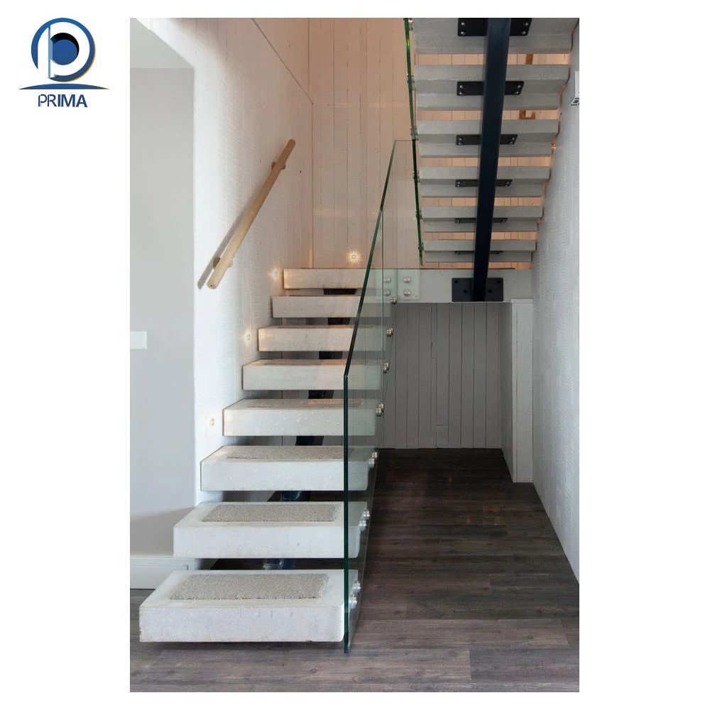 Prima Hot Sell Wooden Floating Staircase with Landingl Shaped Stairs Invisible Steel Stringer Hidden Cantilever Stairs Tempered Glass Panel Floating Stair