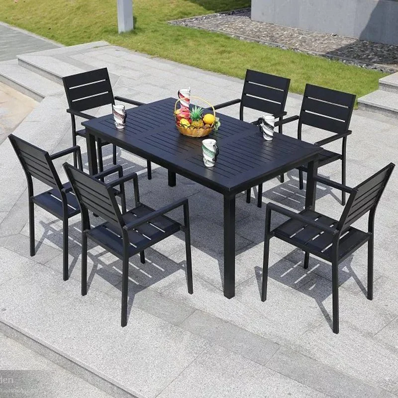 Hot Sell Furniture Garden Plastic Wood Dining Set Coffee Outdoor Garden Plastic Wood Furniture 4 Seat Patio Table and Chair