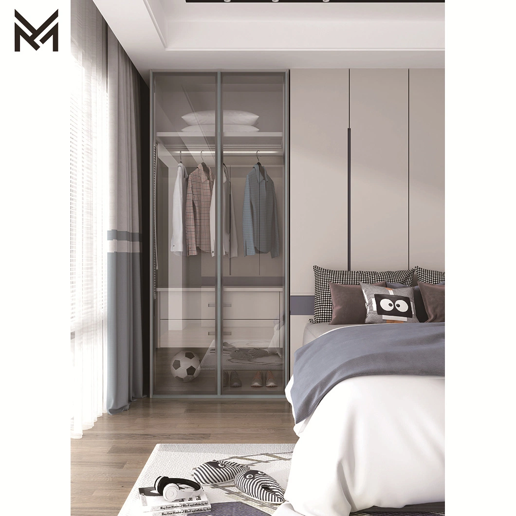 Custom Modern Tempered Glass Door Bedroom Cabinet Villa Hotel Bedroom Furniture Luxury Walk in Wardrobe with Shoe Rack