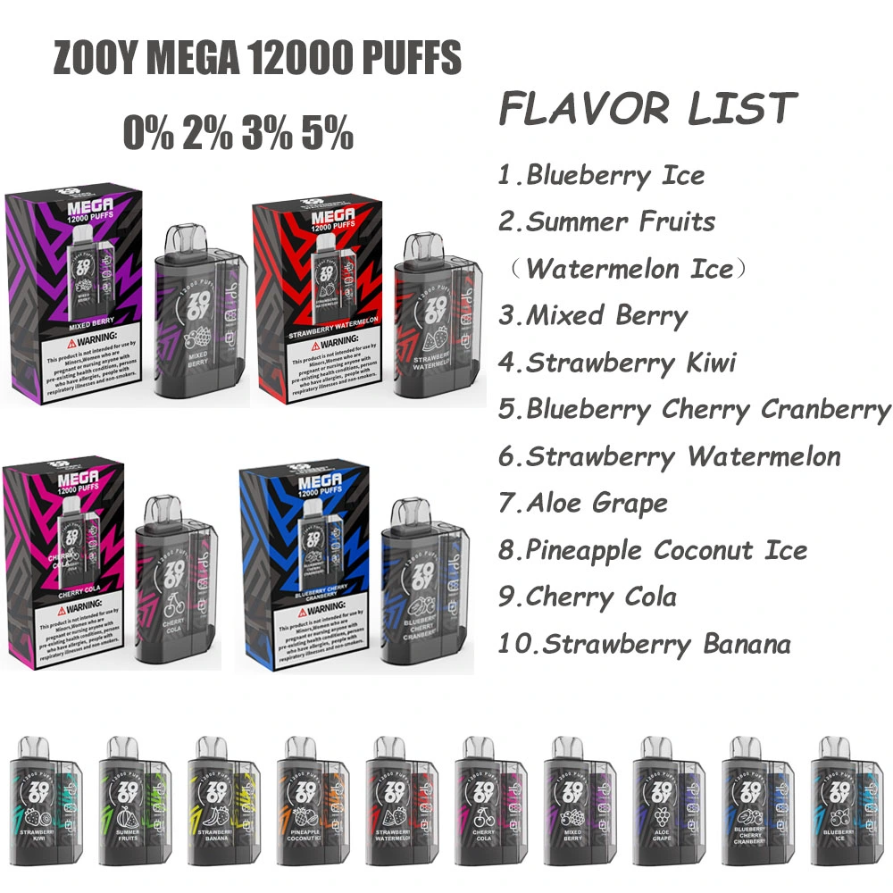 Disposable E Cigarette Zooy Mega 12000 Puffs Disposable Vape Pen Rechargeable Mesh Coil 0% 2% 3% 5% Nic Salt