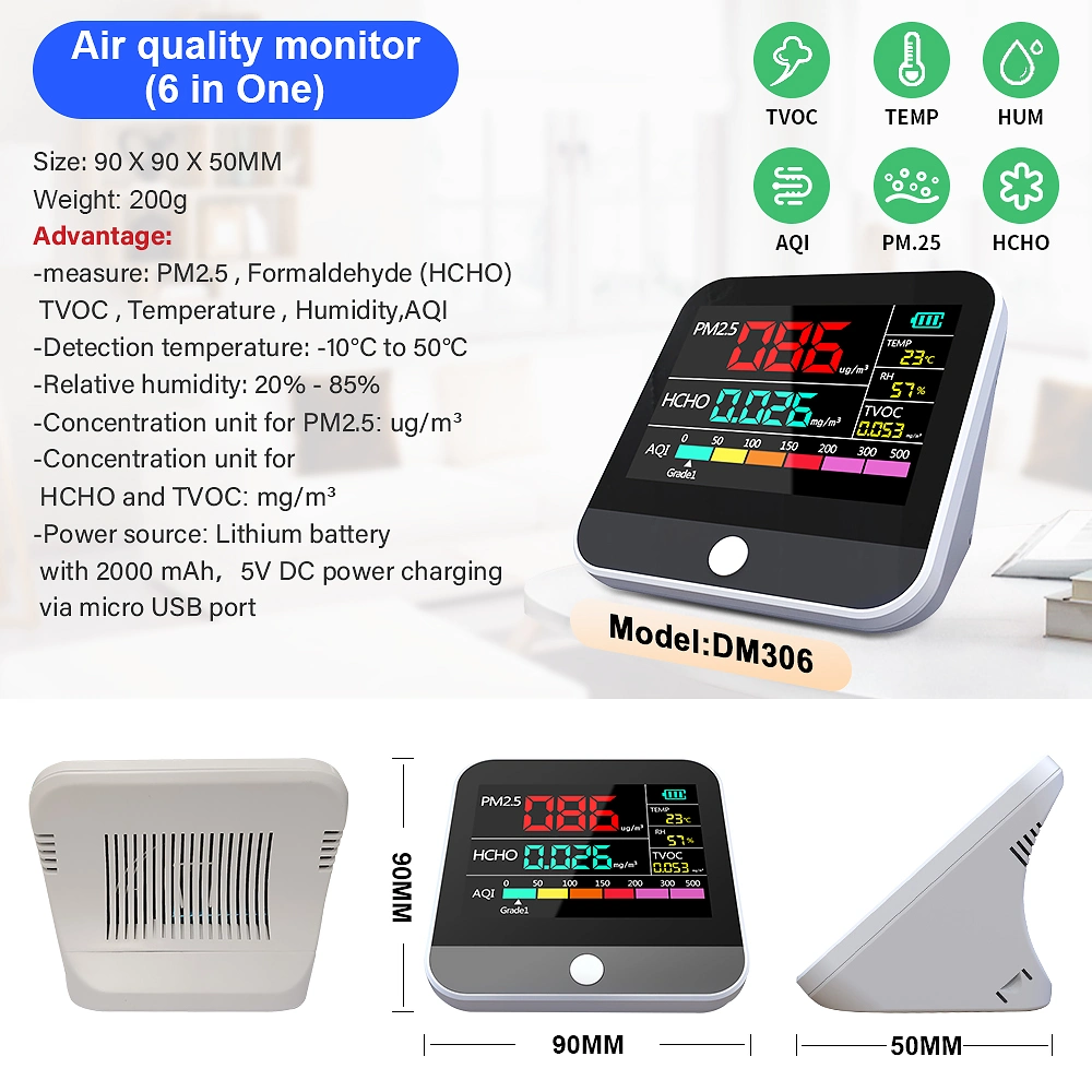 Factory Price 6 in 1 Multifunctional Pm2.5 Detector Air Quality Monitor Formaldehyde Meter Hcho Tvoc Temperature Humidity Real-Time Monitoring