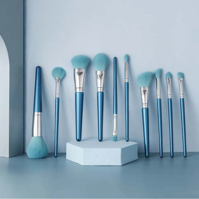 10pcs altos maquillaje azul Juego de cepillo de pelo sintético Vegan Foundation Brush Eyeshadow Brush Beauty Tools