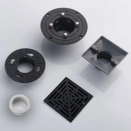 4 Inch Black Shower Drain Square Base with Adjustable Drain Flange Kit