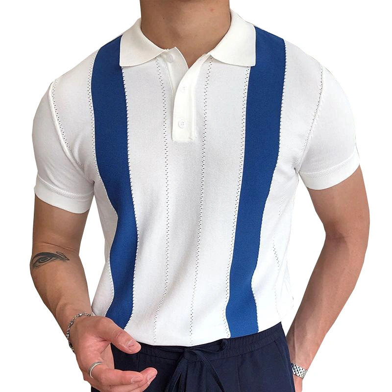 Vintage Polo Shirt Men Stripe Print Patchwork Knitting Casual Lapel Pullover Summer Fashion Men Short Sleeve Slim Polo