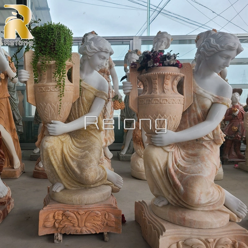 Par de mão esculpida em pedra mármore Carving Flowerpot com senhora estátuas de ornamentos de Jardim