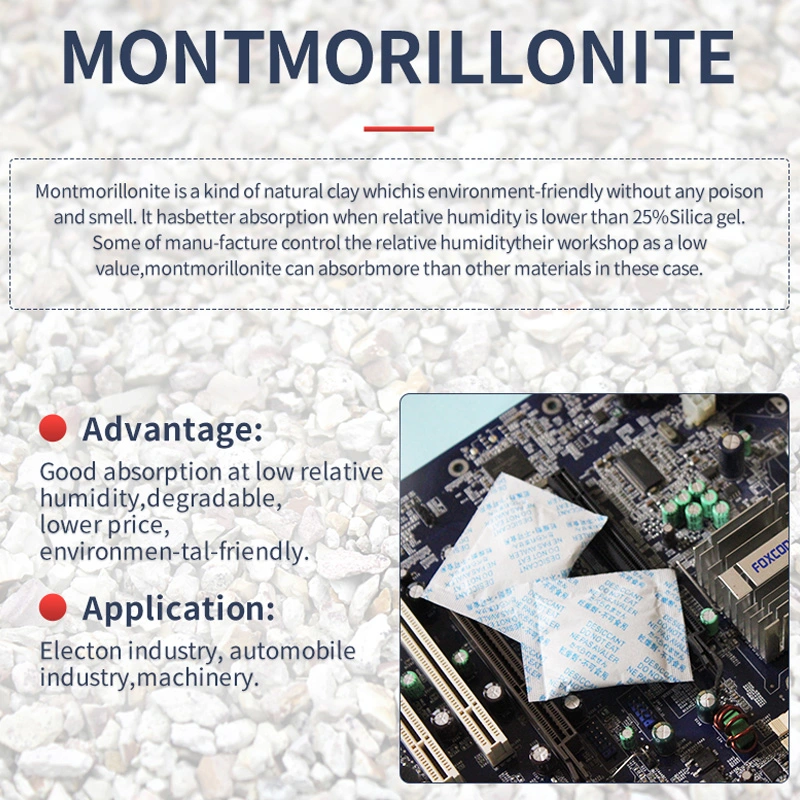 Índice de absorción de humedad 34% (25° C, RH 90%) paquetes de gel de sílice desecante de arcilla Montmorillonite