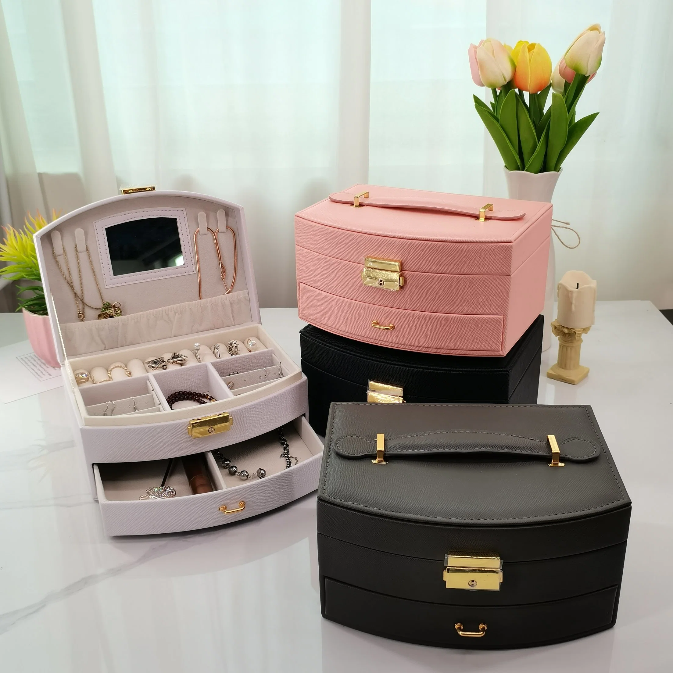 Amazon fabricante tipo gaveta personalizada Brincos de Princesa caixa de jóias portáteis Caixa de relógio com caixa de armazenamento para jóias com anel de colar