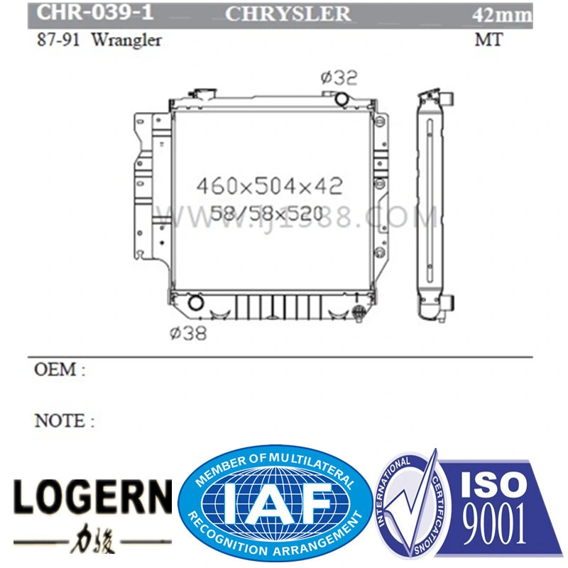 Cdh-039-1 de transferencia de calor de aluminio para Chrysler radiador Wrangler 87-91'Mt