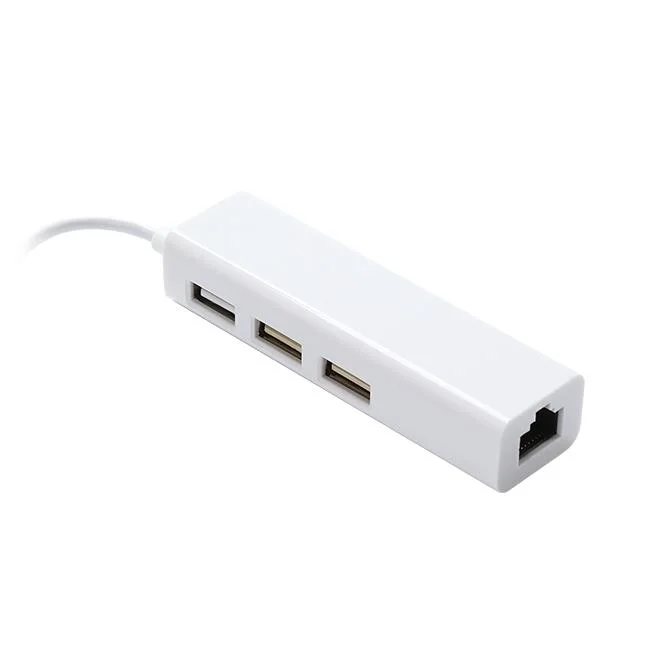 White USB C to 3 Pots USB 2.0 Hub with Ethernet