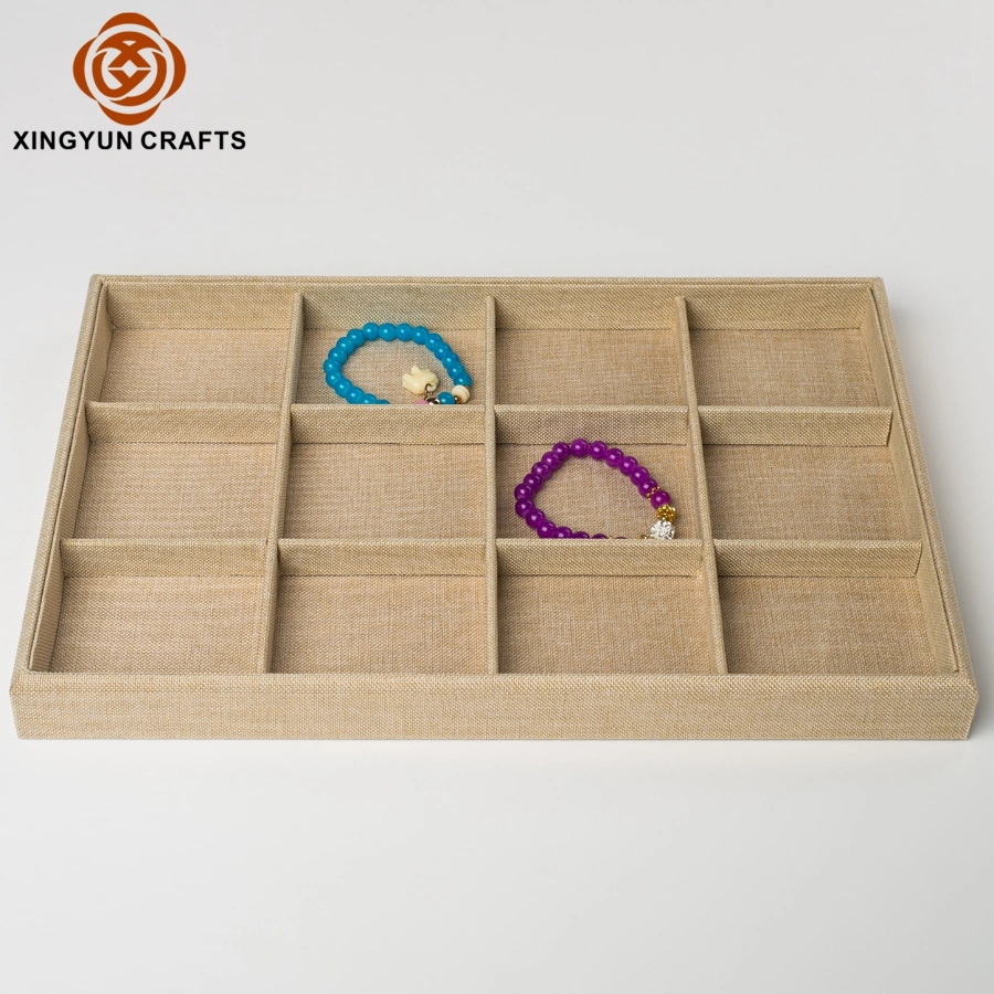 Factory Customized Linen Bangle Tray Jewelry Showcase Wood Jewelry Display Wooden Tray