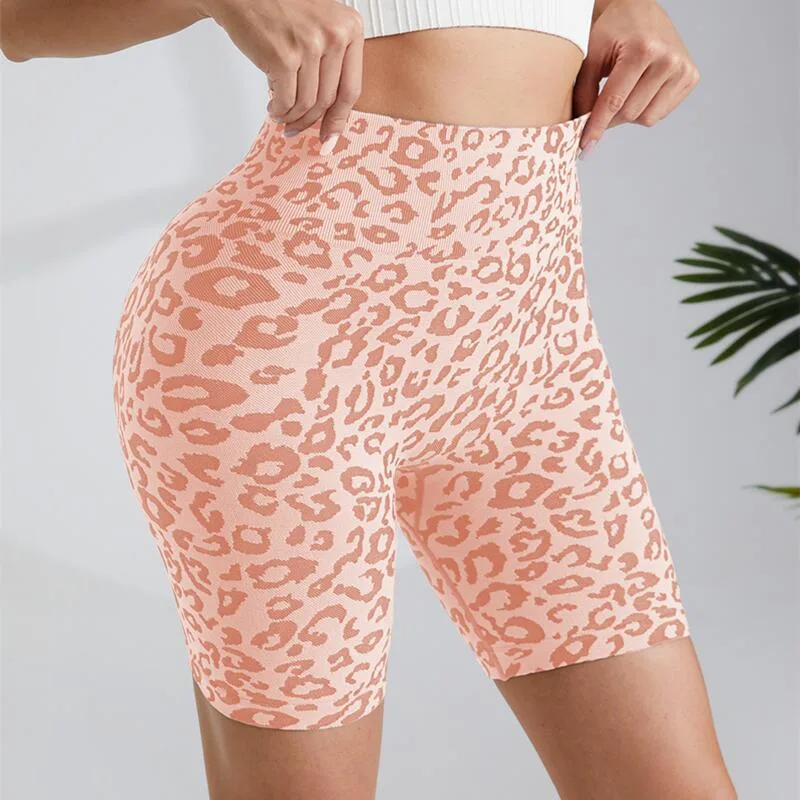 Gimnasio Fitness Yoga Wear Medias de cintura alta Leopard Scrunch Butt Pantalones cortos de yoga