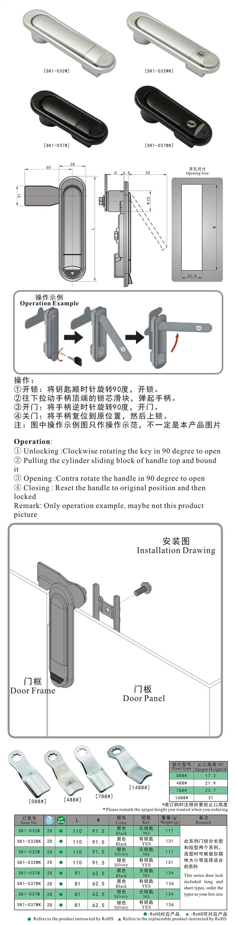 Sk1-032W Push Button Flat Panel Lock/ Electric Door Sliding Panel Key Lock