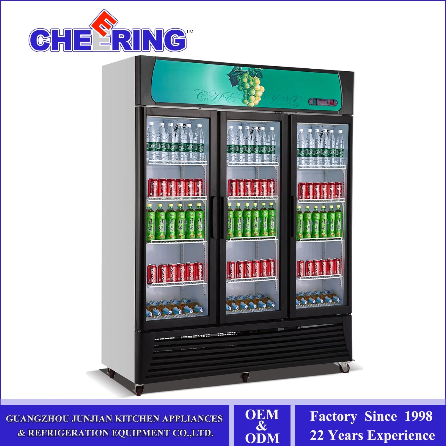 Junjian Cheering Double Sliding Door Commercial Upright Display Showcase Cooler for Beverage Stock