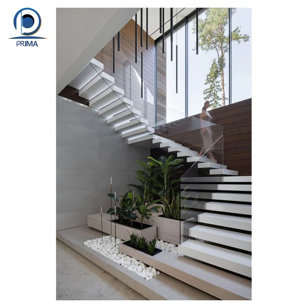 Prima Tempered Glass Panel Floating Stair China Products Invisible Steel Stringer Hot Sell Wooden Floating Staircase with Landing Hidden Cantilever Stairs