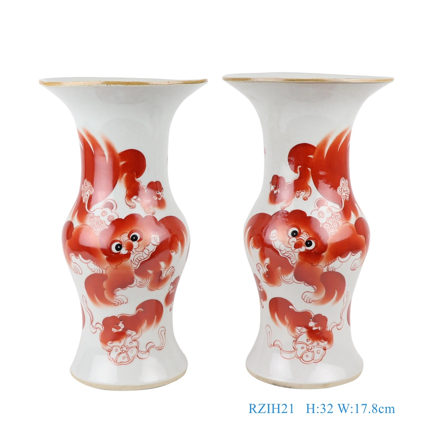 Jingdezhen Porcelain Red Lion Pattern White Glazed Chinese Ceramic Antique Vase a Pair