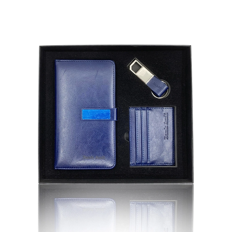 New Design 3 in 1 Card Holder Wallet Keychain PU Diary Agenda Planner Notebook Men Travel Gift Sets Box
