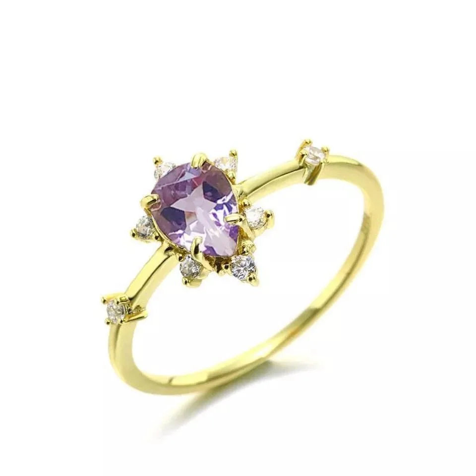 Peishang Brand Sterling Silver 925 Gold Plated Purple Crystal Ring Natural Stone Amethyst Rings Jewelry