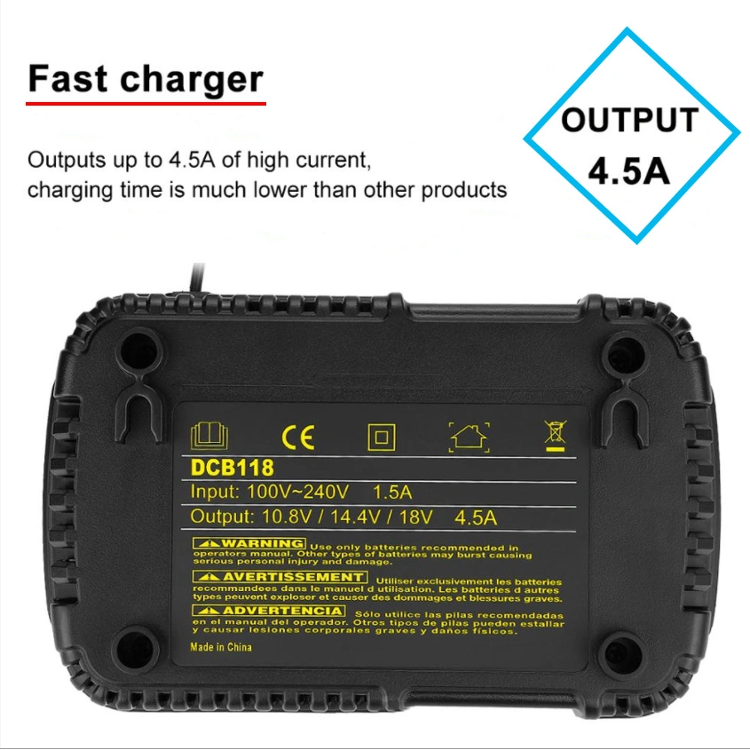 Replacement Power Tool Battery Fast Rapid Charger 4.5A 10.8V 14.4V 18V 20V Max Output Dcb118 Compatible for Dewalts 18V 20V Max