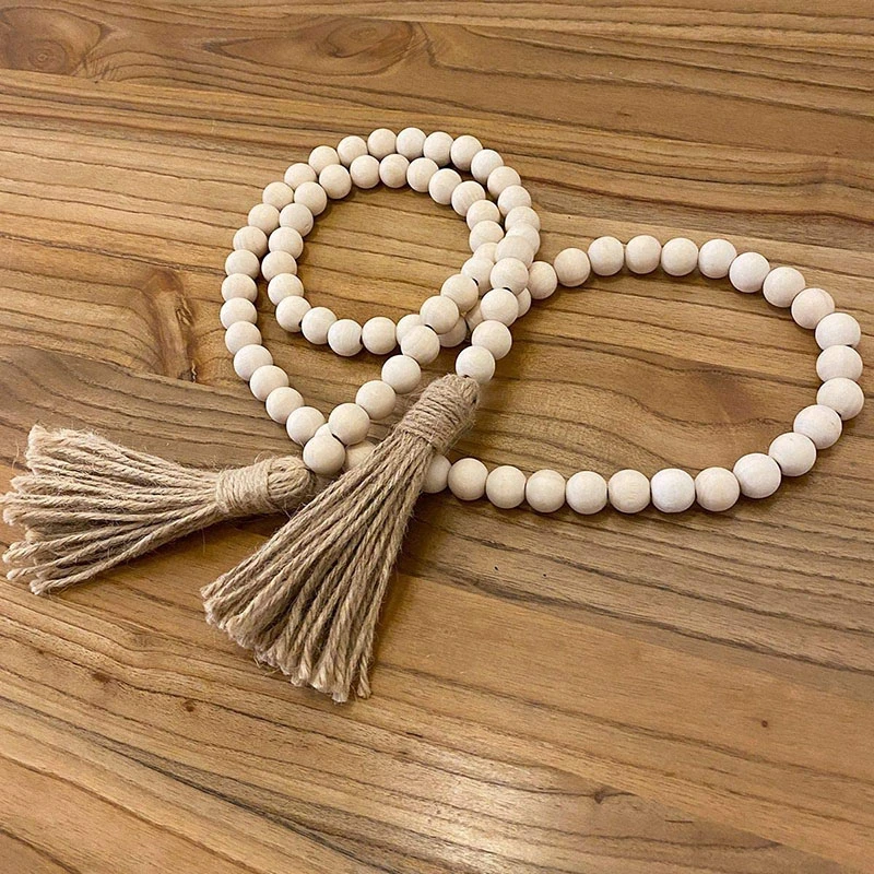 Farmhouse Wood Beads Garland with Tassels Rustic Prayer Boho Beads Hanging Decor