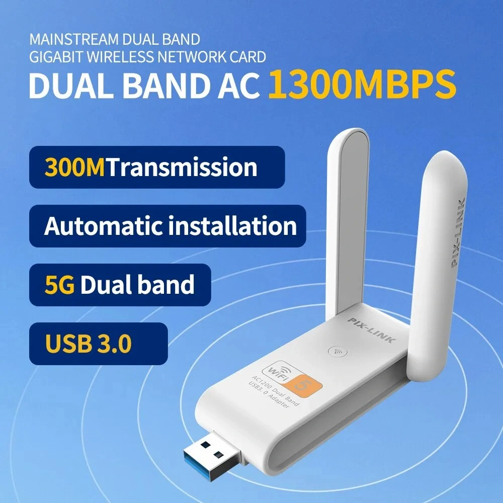 Adaptador de rede sem fios USB 3.0 de 1300 Mbps, banda dupla, 2.4/5 GHz, grátis Drive WiFi Dongle Receiver (recetor de dongle WiFi de acionamento